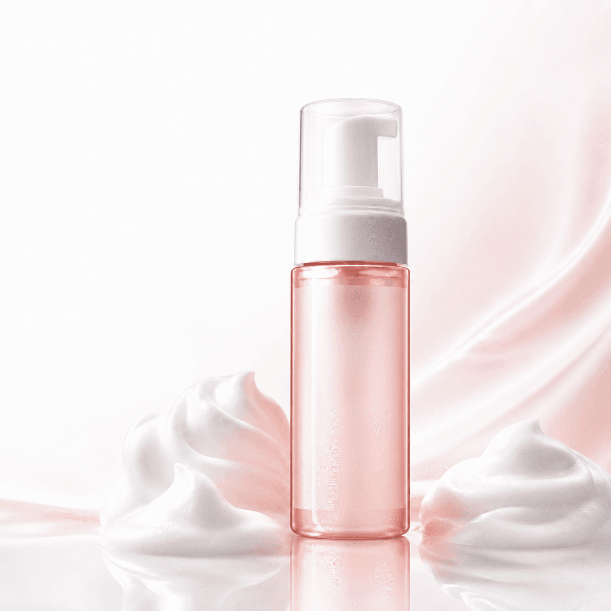 Unbranded pink skincare bottle surrounded by soft cream textures